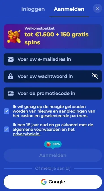 Registratieformulier van Carlospin Casino met e-mailveld, wachtwoord, promotiecode en welkomstpakket tot € 1.500 plus 150 gratis spins